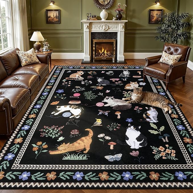 9x12 Area Rugs Living Room Rug: Vintage Washable Rug Floral Soft Carpet Indoor Floor Non-Slip Boho Stain Resistant Large Carpets for Bedroom Kids Nursery Dining Room Farmhouse Home Office Black/C01
