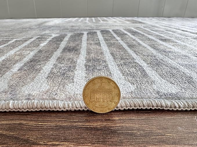 GLN Rugs Contemporary Collection - Machine Washable Area Rug, Contemporary Washable, Non Slip, Low Pile Chenille Rug, Living Room, Bedroom, Kitchen Rug (2'6" x 7' Lines Cream)