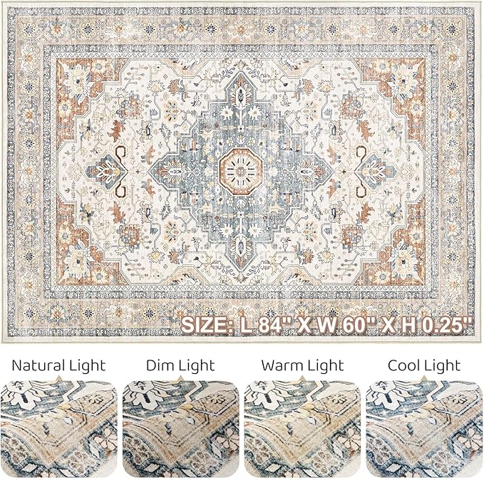 7x10 Area Rug Living Room: Washable Boho Large Neutral Vintage Soft Rug Stain Resistant Distressed Farmhouse Non-Slip Indoor Floor Carpet for Bedroom Nursery Kids Office Dining Room- Beige Blue