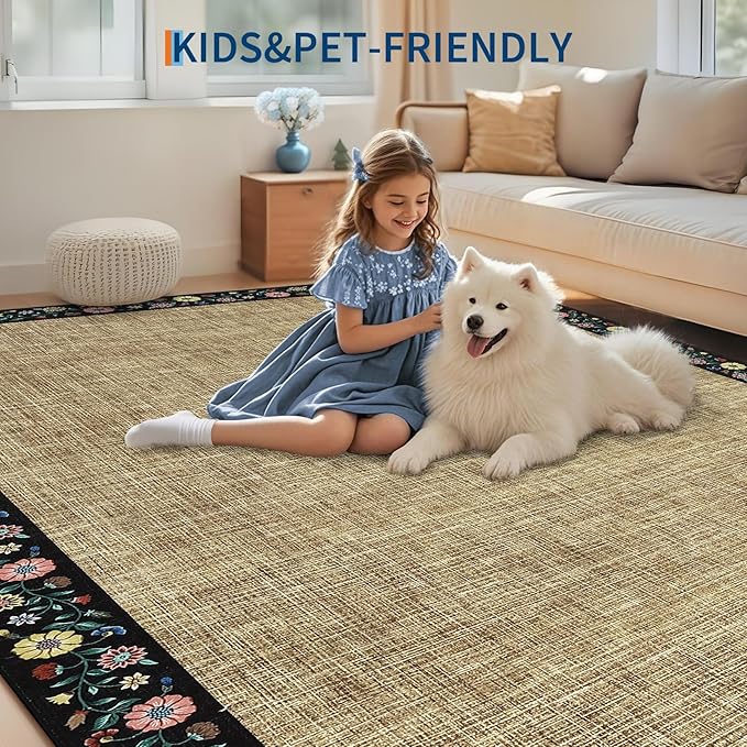 GarveeHome Washable Area Rugs for Bedroom 5x7 Living Room Modern Floral Throw Rugs Non-Slip Lightweight Thin Carpet Modern Farmhouse Print Non-Shedding Soft Low Pile Floor Cover, Yellow
