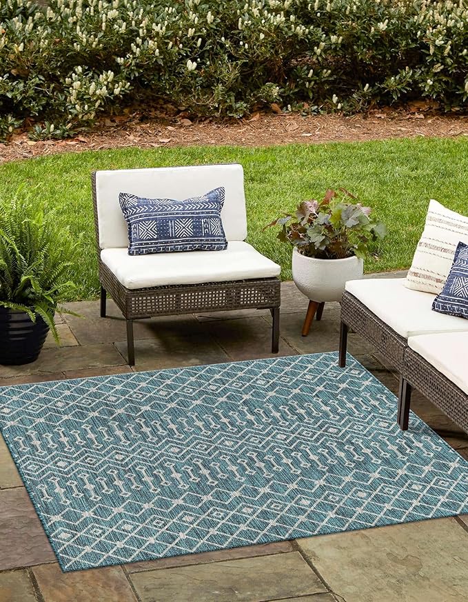 Unique Loom Outdoor Trellis Collection Area Rug - Tribal Trellis (10' 8" Square, Teal/ Ivory)