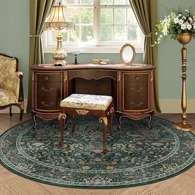6ft Round Area Rugs for Living Room, Washable Floral Circle Rug Non Slip Low Pile, Vintage Boho Botanical Birds Throw Carpet for Farmhouse, Bedroom, Dining Room, Retro Green/Blue