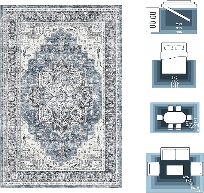 9x12 Large Area Rugs for Living Room Ultra-Soft Washable Rug Vintage Distressed Non-Slip Low Pile Stain Resistant Carpet for Bedroom Dining Room Kitchen Office