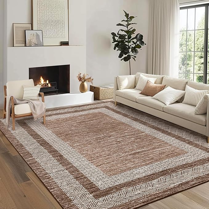 GarveeHome Area Rug 8x10 Modern Geometric Living Room Rug Non Slip, Thin Washable Carpet, Soft Non Shedding Foldable Floor Covering, Low Pile Thin Printed Mats for Bedroom Office, Brown