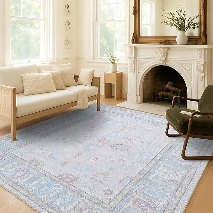 Fame Living Pink Oushak Rug, Modern Small Rugs, Vintage, Turkish, Eclectic, Floral, Pastel, Washable, Door Mat, Doormat for Indoor Entrance, Entryway, Kitchen, Bathroom, Bedroom, Laundry, 2'x3'
