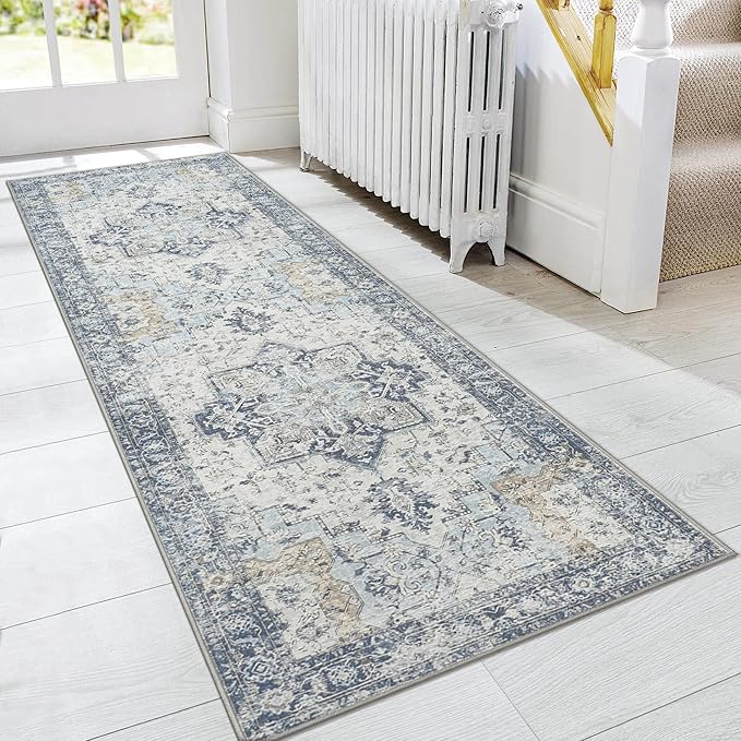 GENIMO Runner Rug 2x5, Machine Washable Non Slip Vintage Runner Rug, Low Pile Lighrweight Rugs for Entryway, Hallway, Kitchen and Corridor, Blue