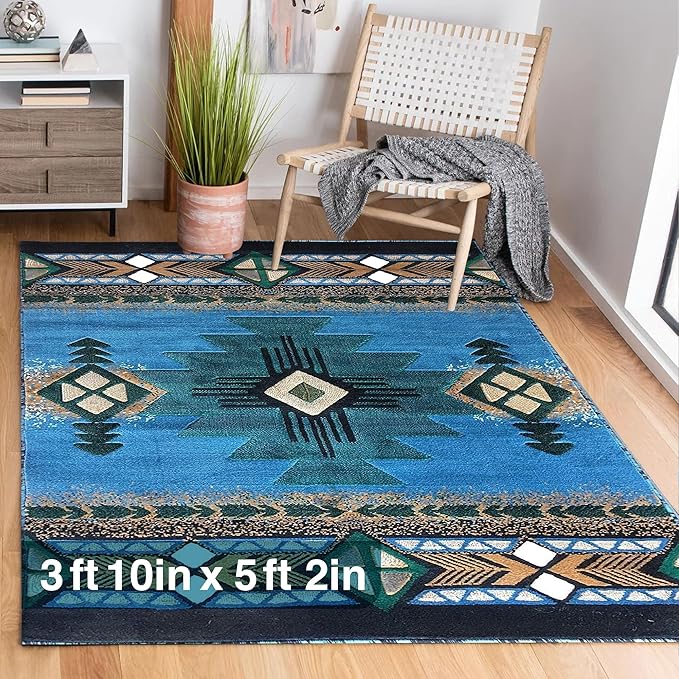 YHSF South West Native American Area Rug C318 - Easy Clean, Thick, Soft, Durable Native Tribal American Indian Inspired Rug for Bedroom/Living Room and More - Blue-Green, 3 ft 10 in x 5 ft 2 in