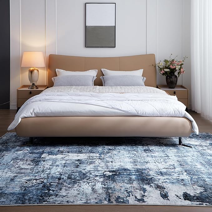 Rugcomf 8x10 Rug Washable Boho Rug Soft Large Area Rug Non-Slip Non-Shedding Faux Wool Vintage Rug for Living Room, Farmhouse, Dining Room, Indoor, Kids Playroom, Blue