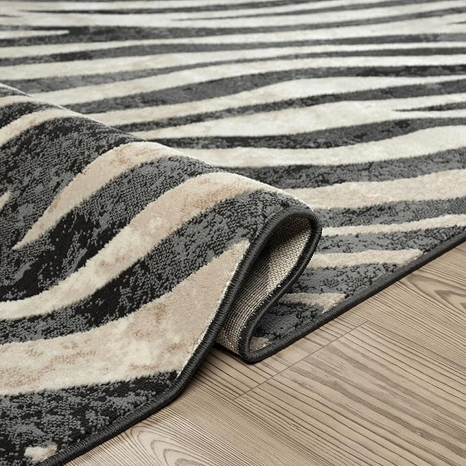 Abani Terra Area Rug for Living Room, Bedroom - Zebra Pattern - Black Cream- 6' x 9' - Durable & Easy to Clean