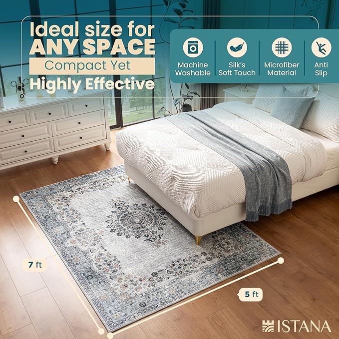 Istana 5x7 Area Rug - Blue Rugs for Living Room 5x7 - Foldable Rugs for Bedroom - Stain Resistant Washable Rug - Eco-Friendly Boho Area Rugs - Easy to Clean Living Room Rug