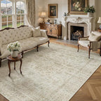 HUGEAR Retro Beige Area Rug 8x10 Machine Washable Living Room Rugs Distressed Vintage Floral Low Pile Carpet Bedroom Office Dining Room Laundry Room Non Slip Soft Lightweight