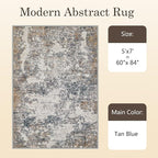 5x7 Washable Area Rugs - Modern Abstract Rugs for Living Room Non-Slip Low Pile Soft Machine Washable Carpet for Bedroom, Dining Room, Nursery, Home Office, Farmhouse (5'x7' Tan Blue)