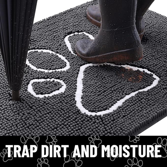 Smiry Dog Door Mat for Muddy Paws, Absorbent Dirt Trapper Non Slip Quick Dry Washable Chenille Mat for Mud Dogs, Entry Rug for Indoor and Outdoor (47x24 Inches, Dark Grey and White)