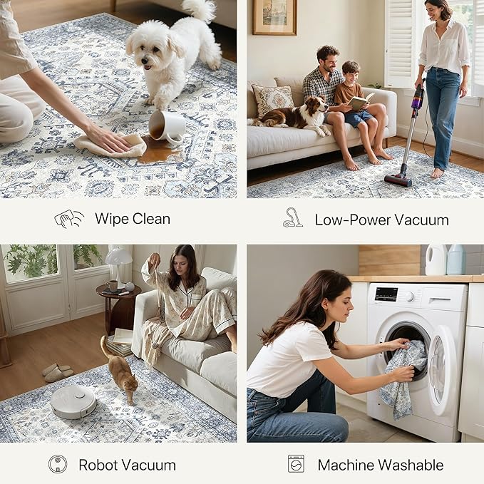 Bavni Washable Runner Rug 2’6”x8’, Non Slip Vintage Hallway Runner, Ultra Thin Low Pile Washable Carpet for Kitchen Entryway Bedroom, Light Blue