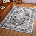 5x7 Washable Rug – Boho Non-Slip Indoor Area Rug for Living Room, Bedroom, Dining Room, Entryway – Charcoal Grey and Ivory with Blue Highlights