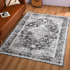 4x6 Washable Rug – Boho Non-Slip Indoor Area Rug for Living Room, Bedroom, Dining Room, Entryway – Charcoal Grey and Ivory with Blue Highlights