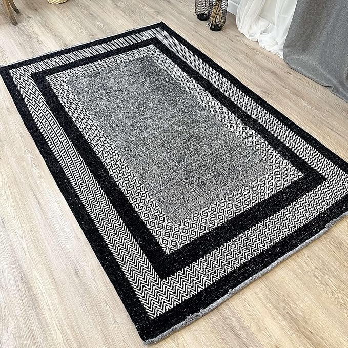 Alfa Rich 7x10 Black Washable Area Rugs for Living Room Bedroom Kitchen Dining Cotton Rug