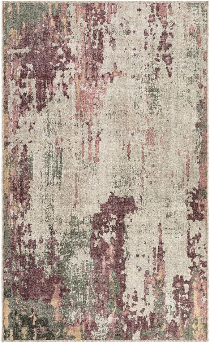 3x5 Area Rug Living Room Rugs - Washable Neutral Modern Abstract Soft Thin Rug Indoor Floor No Slip Rug Carpet for Bedroom Under Dining Table Home Office Decor - Purple/Green/Beige