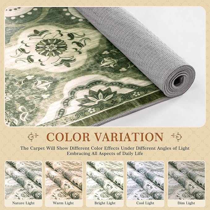 EnHomee 8x10 Area Rug, Soft Washable Rugs for Living Room Bedroom, Boho Non Slip Low Pile Stain Resistant Washable Rug Large Area Rugs for Dining Room,Easy to Clean Living Room Rug, Green