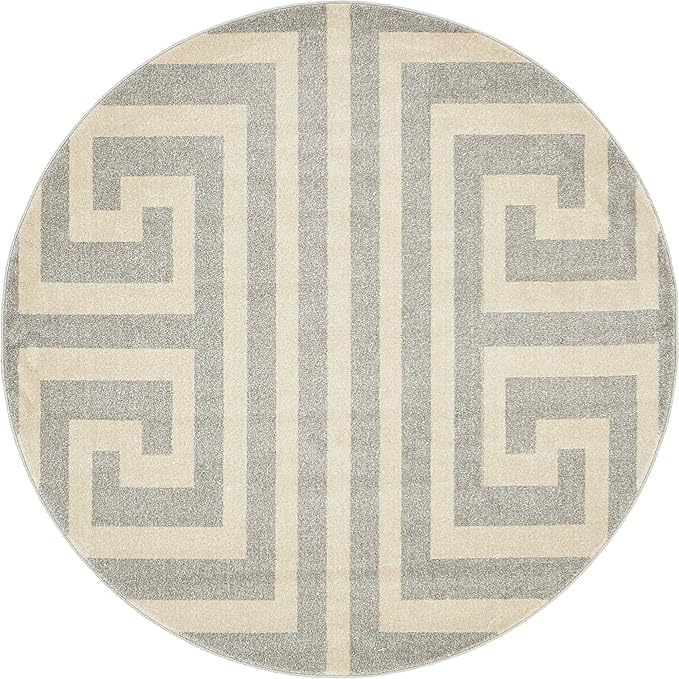Unique Loom Athens Collection Classic Geometric Modern Border Design Area Rug (6' 0 x 6' 0 Round, Gray/ Beige)