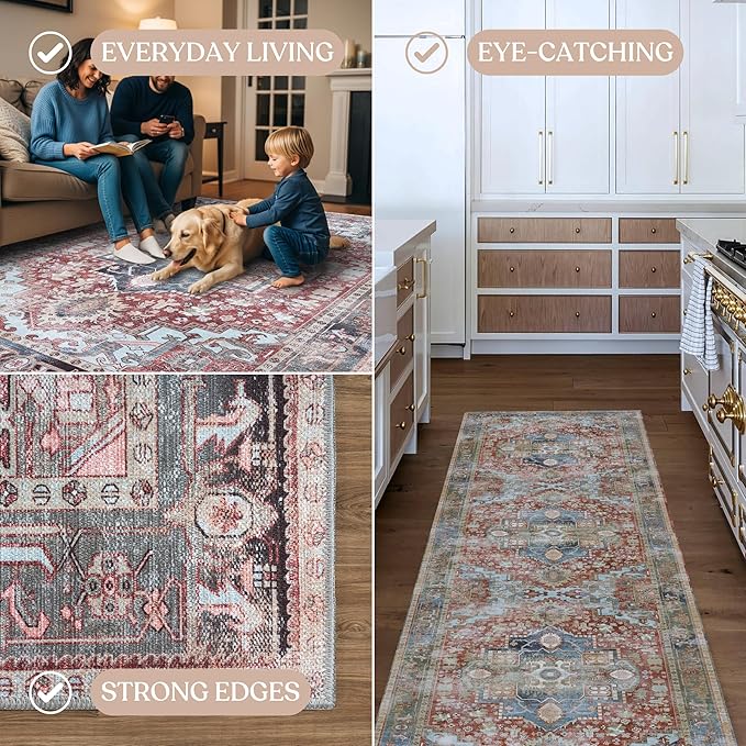 Washable Area Rug. Modern Farmhouse. Vintage. Turkish. Bohemian. Distressed. Oriental. Traditional. Rugs for Living Room. Dining. Bedroom. Office. Entryway. Foyer. (858RM, 2'5" x 6'5")
