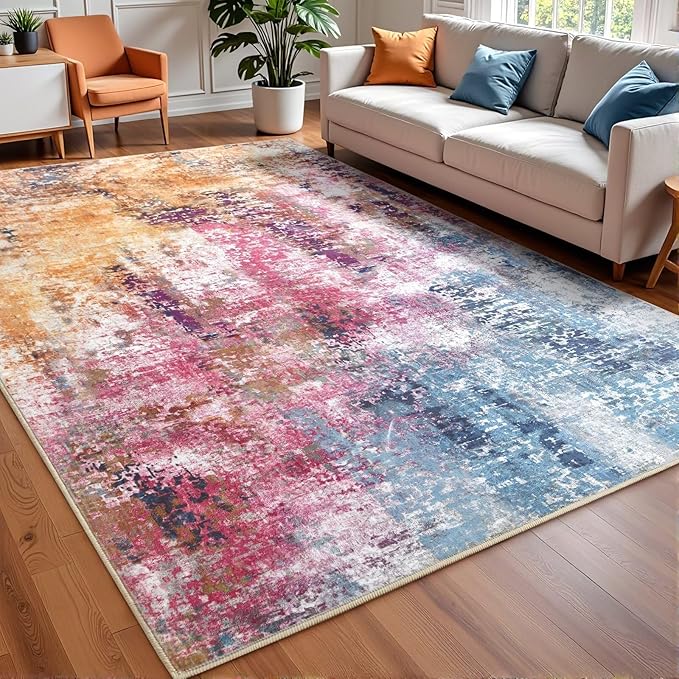 Washable Abstract Rug, 4x6 Modern Area Rugs with Non-Slip Rubber Backed for Living Room, Thin but Soft Contemporary Carpet Kitchen Bedroom Decor, Galaxy