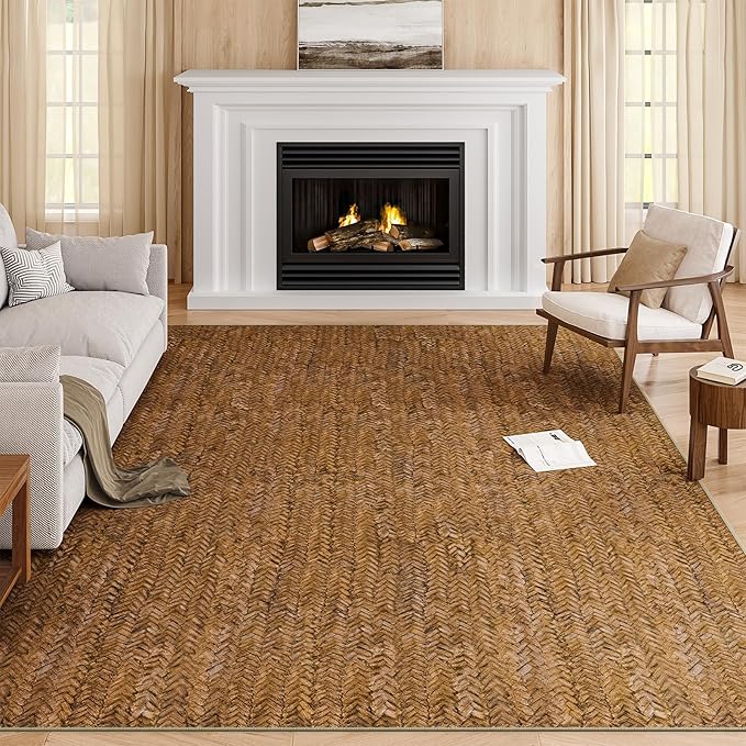 Eleisa Modern Vintage 9x12 Herringbone Chevron Area Rug, Non-Slip Stain Resistant Washable Rug, Brown Large Rug for Living Room, Farmhouse Carpet for Bedroom, Kitchen, Dining Room, Home Office