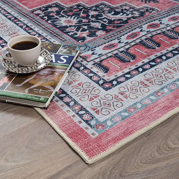 Fame Rugs Turkish Rug. Washable Vintage Oriental Antique Inspired Traditional Doormat Small Modern Area Rugs Luxury Entryway Entry Bedroom Bathroom Kitchen (399TN, 4'9 x 6'9)