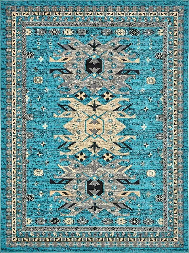 Unique Loom Taftan Collection Border Geometric Tribal Inspired Design Area Rug (9' 10 x 13' 0 Rectangular, Turquoise/ Gray)
