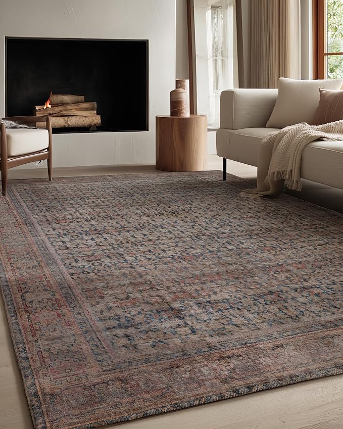 Kuden 9x12 Large Area Rug, Machine Washable Area Rug with Non-Slip Backing, Vintage Style, Soft, Easy Clean, Low Pile Rug for Living Room, Bedroom, Dining Room