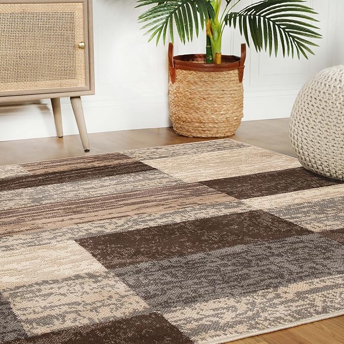 SUPERIOR Indoor Area Rug, Jute Backed, Modern Geometric Patchwork Floor Decor for Bedroom, Office, Living Room, Entryway, Hardwood Floors, Rockwood Collection, 5' x 5' Square, Slate