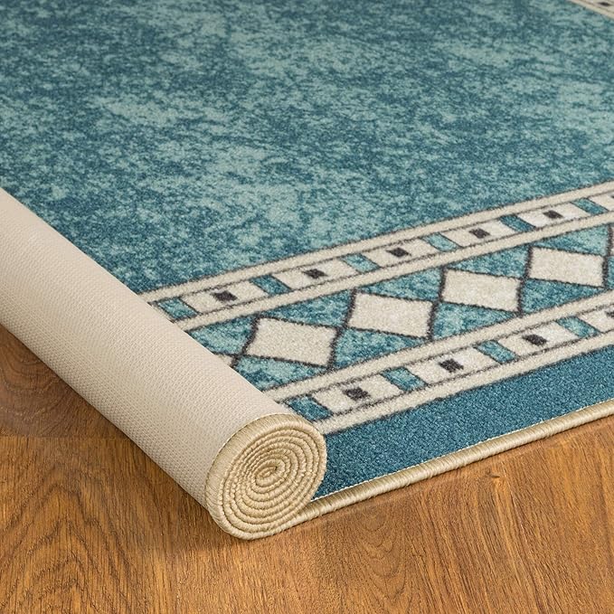 Antep Rugs Alfombras Modern Bordered 3x5 Non-Skid (Non-Slip) Low Profile Pile Rubber Backing Indoor Area Rugs (Blue, 3' x 5')
