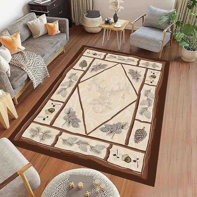 Country Cottage Deer Area Rugs 4x5ft Animal Plant Pine Cone Leaves Branches Patchwork Pattern Featured Indoor Floor Rugs, Vintage Style Non-Slip Non-Shedding Rugs for Farmhouse Office Living Room