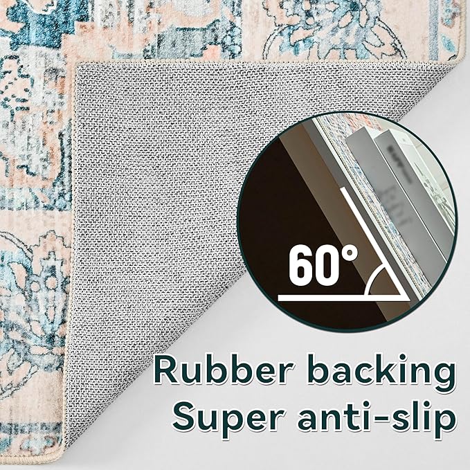 YJ.GWL Area Rugs for Living Room 6x9 Machine Washable Rugs, Non Slip Floral Vintage Rug Indoor Carpet, Stain Resistant Large Rug for Bedroom Dining Room, Dark Blue