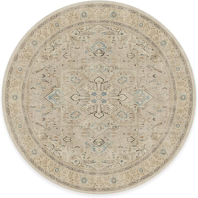 RUGGABLE Washable Vintage Area Rug – Kamran Ivory Opal 8 ft Round, Stain-Resistant, Non-Slip – Large Machine Washable Rugs for Living Room, Bedroom, Hallway, Entryway & Office–with Cushioned Pad