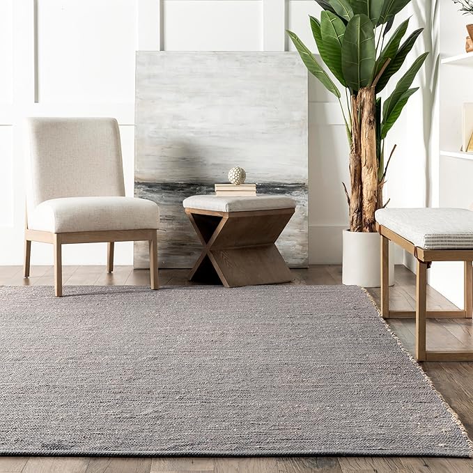 nuLOOM 10x14 Elfriede Jute & Cotton Hand Woven Area Rug, Grey, Solid Rustic Farmhouse Style, Weaved Design, Natural Fiber, For Bedroom, Living Room, Dining Room, Hallway, Office, Entryway