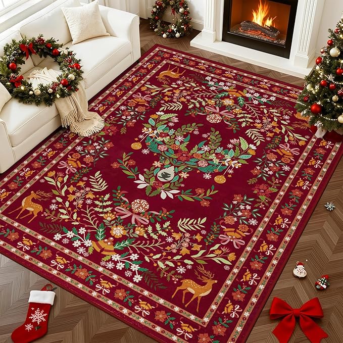 6x9 Area Rugs Living Room Rug: Christmas Washable Rug Floral Soft Carpet Indoor Floor Non-Slip Boho Stain Resistant Large Carpets for Bedroom Kids Nursery Dining Room Farmhouse Home Office Red