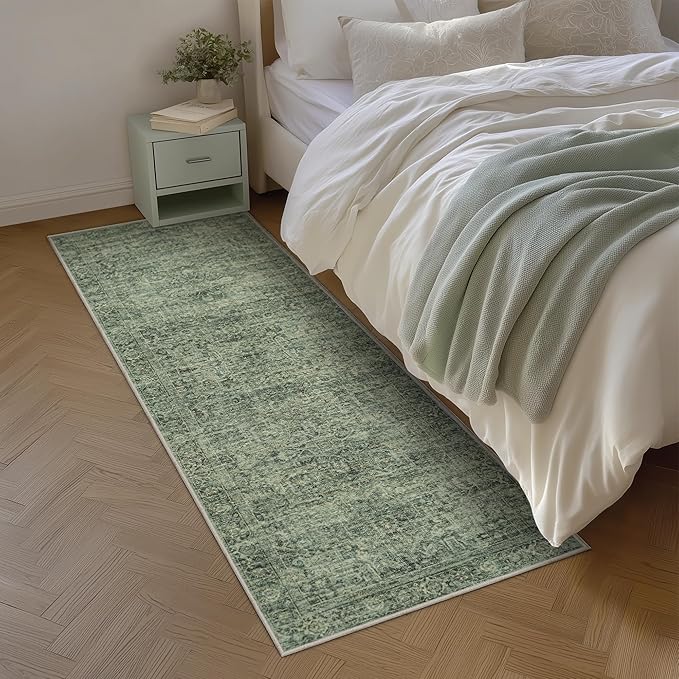 Fmfunctex 2x6 Runner Rug Green Vintage Neutral Washable Distressed Oriental Non Slip Low Pile Indoor Carpet Retro Hallway Entryway Rug for Kitchen Living Room Bedroom Bathroom Laundry Entrance Bedside