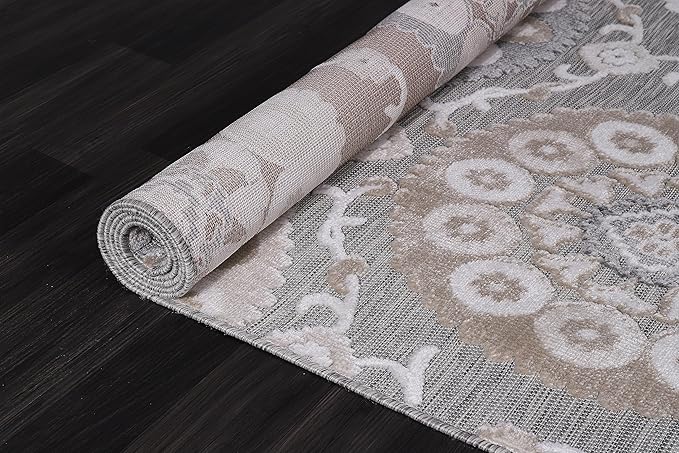 CAMILSON Indoor Outdoor Rug 5x7 Bohemian Medallion Floral Area Rugs for Indoor and Outdoor Patios Easy-Cleaning Non-Shedding Living Room Garden and Kitchen Washable Outside Carpet (5 x 7 / Beige)