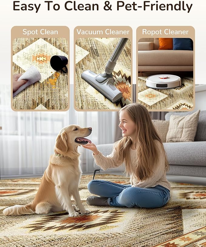 Area Rug 7x9 Rug Machine Washable Non-Slip Low Pile Print Pattern Western Rug for Living Room Bedroom Entryway Tribal Series-Cream/Camel