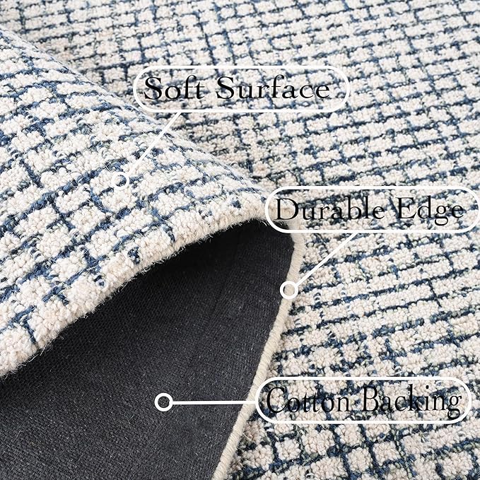 Hand-Tufted 100% Wool Pile Area Rug – Geometric Textured Grid Check Pattern – Thick and Durable Floor Carpet for Bedroom, Living Room, Kids Room, and Dining Area (Ivory, Denim, 4' x 6')