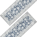 jinchan Fiora Runner Rug 3x10-2pcs Kitchen Washable Vintage Hallway Rug Floral Print Floor Cover Indoor Thin Retro Mat Accent for Bathroom Laundry Room Bedroom Office Farmhouse (Double, Dark Blue)