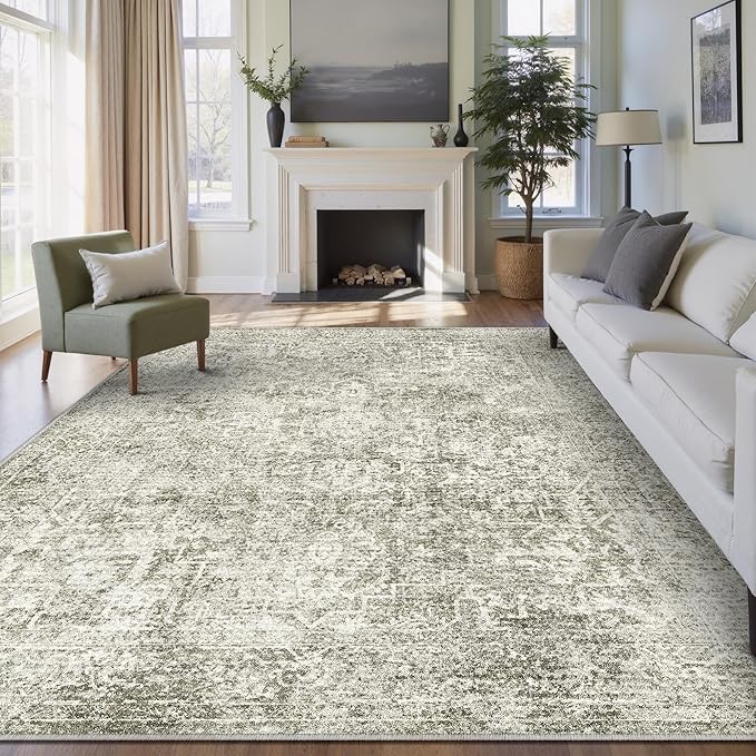 8x10 Area Rug Washable Vintage Neutral Living Room Carpet Large Indoor Non Slip Taupe Bedroom Distressed Low Pile Retro Accent Throw Rug for Dining Room