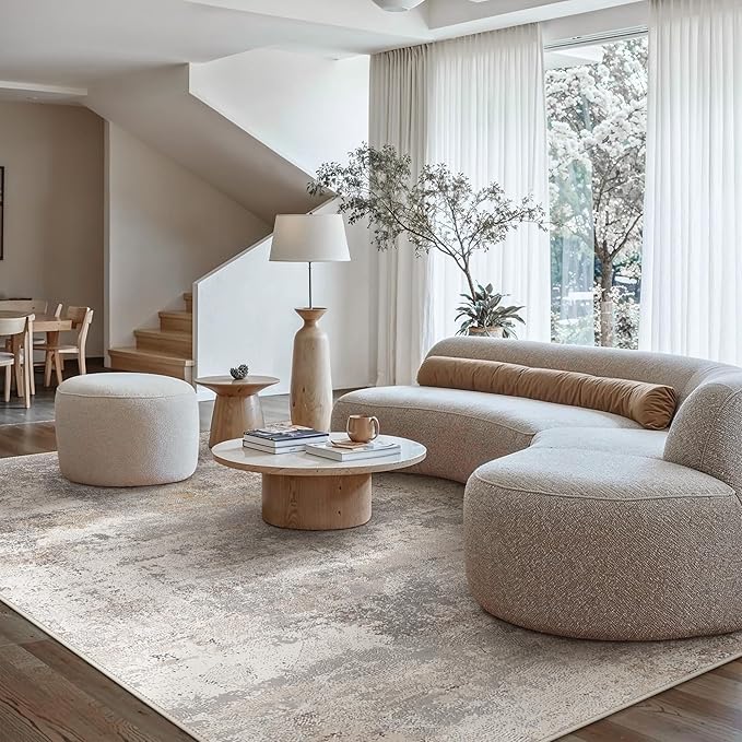 GENIMO Washable 6x9 Area Rugs for Living Room, Non Slip Modern Abstract Rug, Machine Washable Stain Resistant Low Pile Soft Carpet for Bedroom, Dining, Office, Light Grey Brown