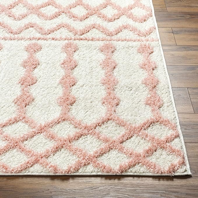 Hauteloom Tilos Moroccan Farmhouse Small Shag Area Rug Door Mat - Shaggy Carpet - Trellis Pattern - High Plush Pile - Cream, Pink, Beige - 2' x 3'