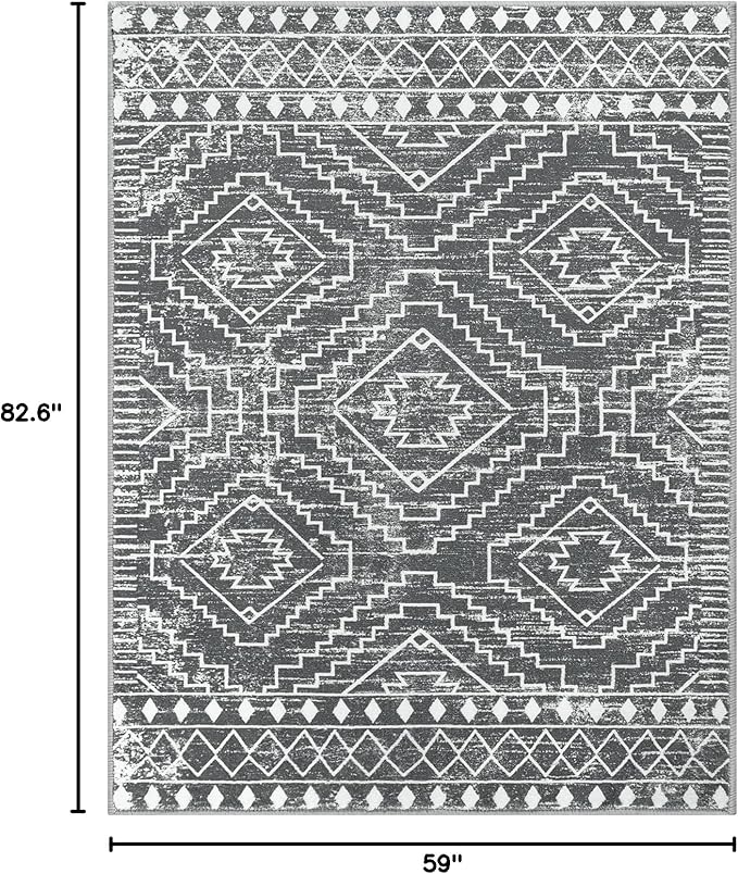 Wonnitar Moroccan 5x7 Washable Rug, Large Grey Area Rug for Living Room, Non-Slip Boho Bedroom Carpet Thin Soft Non-Shedding Farmhouse Rug for Dining Room Table Kitchen Home Office (Dark Grey,5'x7')