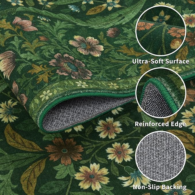 Floral Washable 6x9 Area Rug，Dark Green Boho Rugs for Living Room, Soft Low-Pile Non-Slip Stain Resistant & Non-Shedding Carpet for Bedroom, Dining Room, Office, Entryway, Nursery