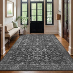 Washable Area Rug 6x9 Black Rugs for Living Room, Vintage Boho Large Rug for Bedroom Dining Room Office, Distressed Floral Print Carpet for Under Table, Soft Non Slip Low Pile Throw Carpet Indoor Mat