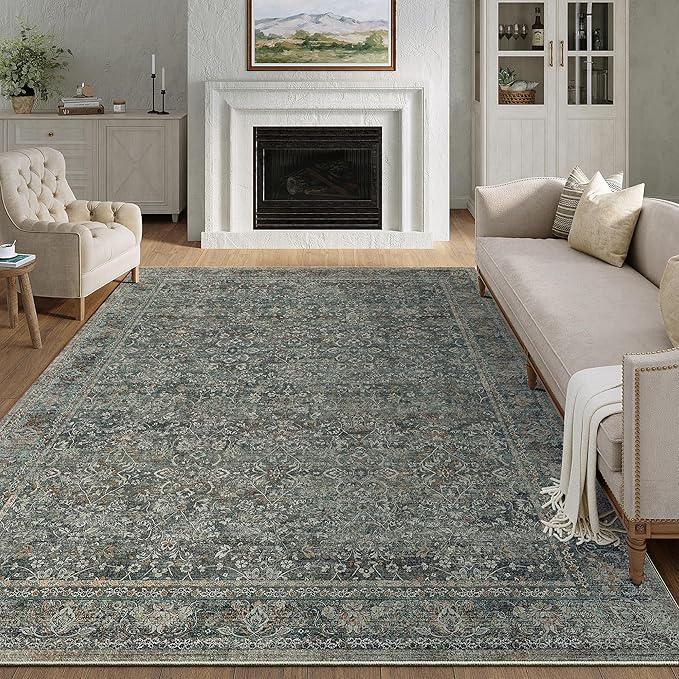 Area Rug 6x9 Gray Living Room Washable Vintage Carpet Non Slip Indoor Retro Traditional Grey Accent Throw Large Rug for Office Bedroom Dining Room Playroom