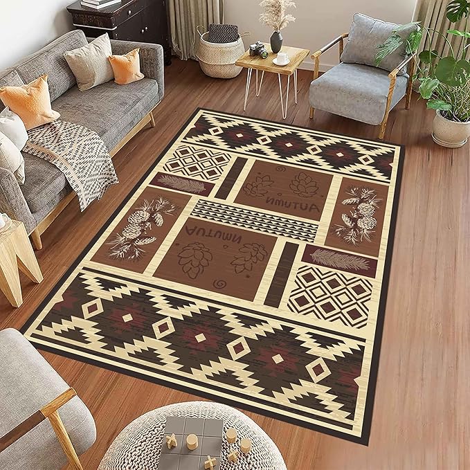 UNREASTO Western Area Rugs 4x5ft Vintage Country Southwestern Native Botanical Farmhouse Rug Floor Mats, Rustic Pine Cone Non-Slip Washable Throw Rugs for Hallway Living Room Bedroom Hardwood Floors